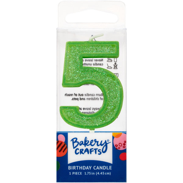 Glittery lime number five 1.75" birthday candle in packaging from Bakery Crafts.