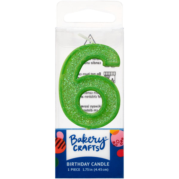 Glittery lime number six 1.75" birthday candle in packaging from Bakery Crafts.