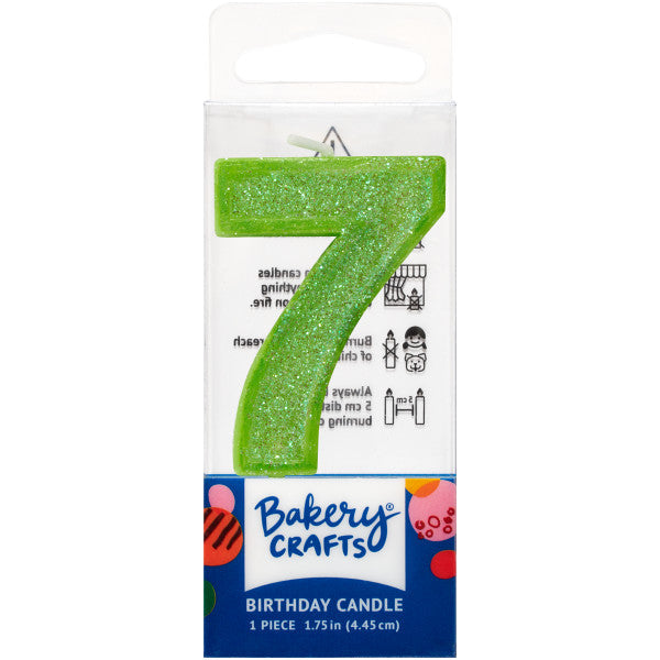 Glittery lime number seven 1.75" birthday candle in packaging from Bakery Crafts.