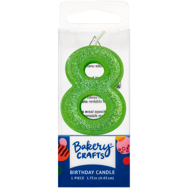 Glittery lime number eight 1.75" birthday candle in packaging from Bakery Crafts.