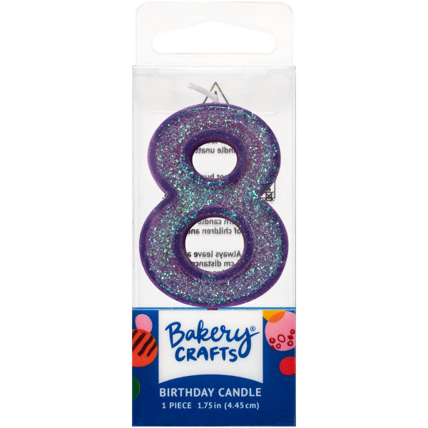 Glittery purple number eight 1.75" birthday candle in packaging from Bakery Crafts.