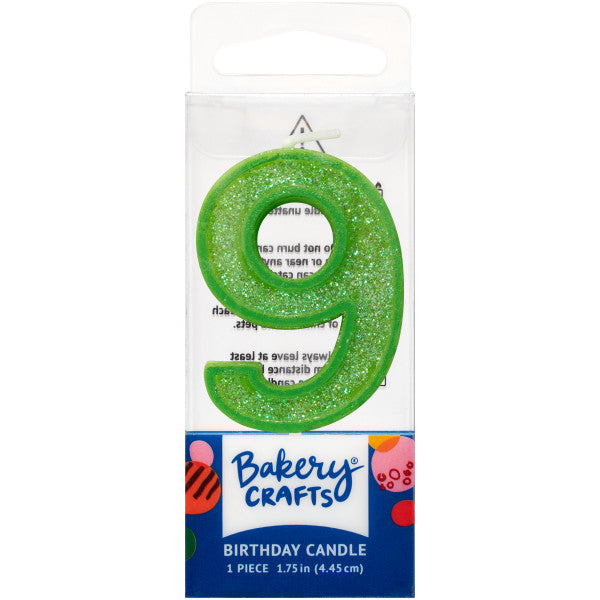Glittery lime number nine 1.75" birthday candle in packaging from Bakery Crafts.