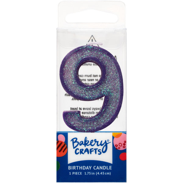 Glittery purple number nine 1.75" birthday candle in packaging from Bakery Crafts.
