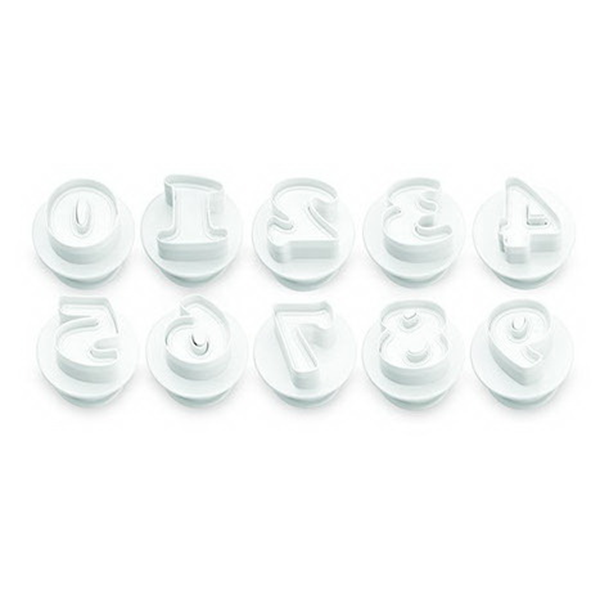 Ateco plastic number plunger cutter set, featuring 10 white cutters with embossed numbers 0-9, neatly arranged in a row.