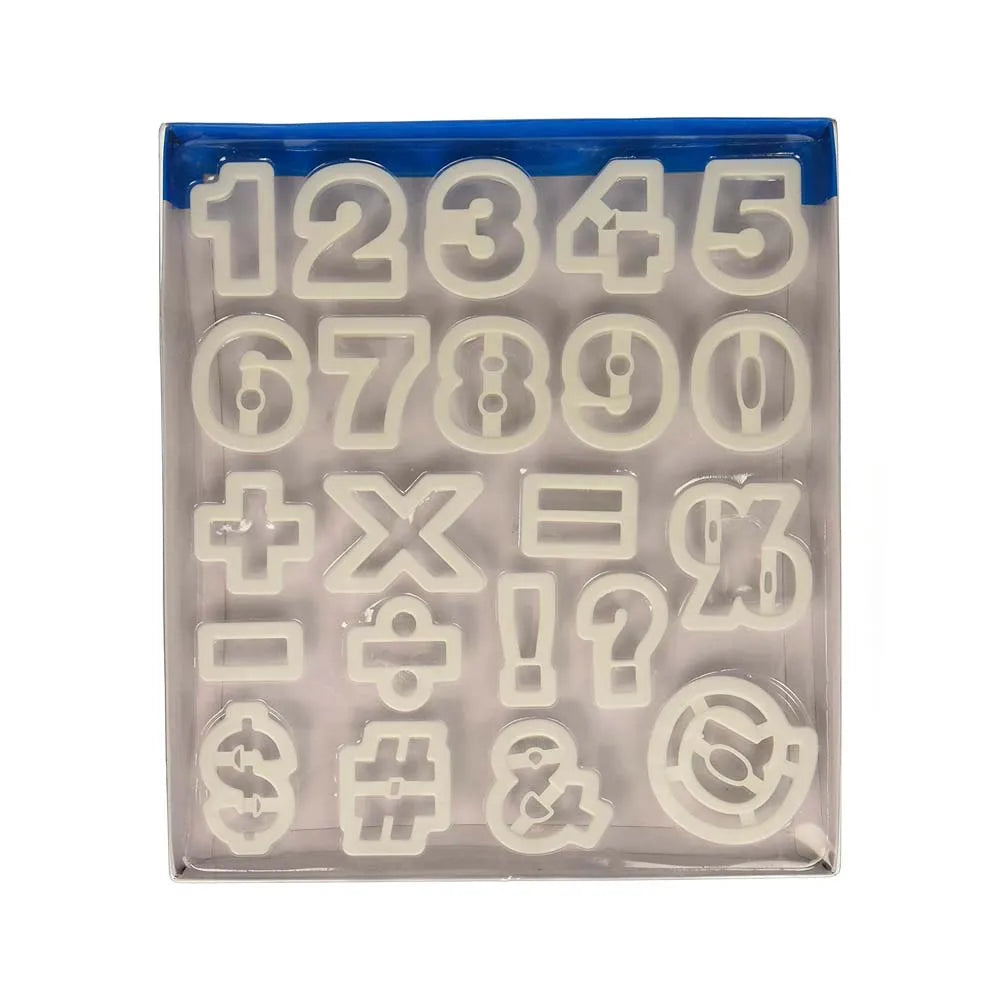 Ateco 5772 22-piece number and symbol cutter set with white plastic cutters featuring numbers and special characters, neatly arranged in a clear storage box.