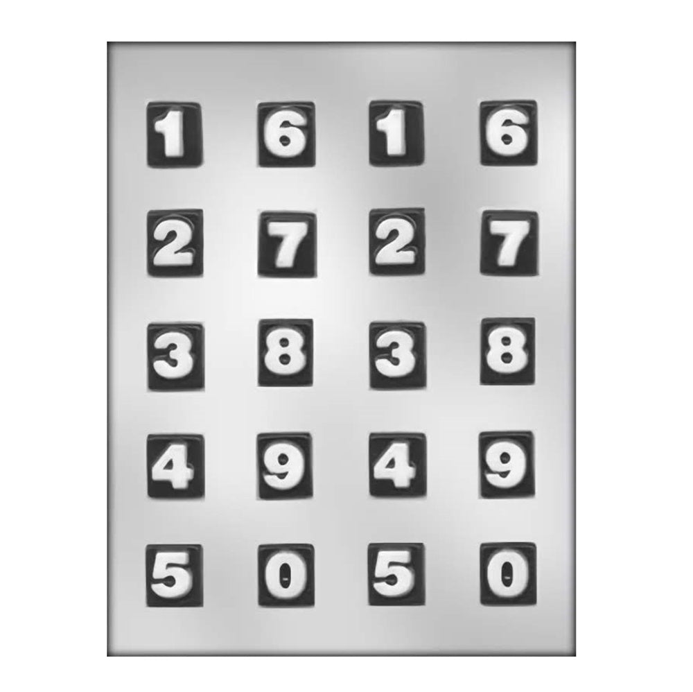 A numerical chocolate mold sheet with ten square-base cavities, each bearing a raised numeral from 0 to 9, perfect for creating date-specific decorations for anniversaries, birthdays, or New Year celebrations.