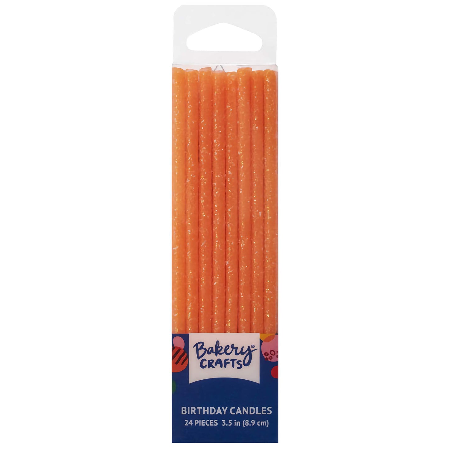 Package of 24 Bakery Crafts Orange Slim Glittery Birthday Candles, each 3.4 inches tall.