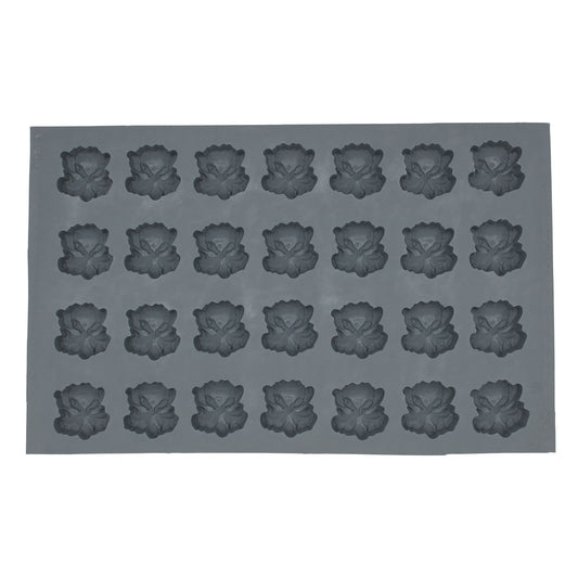 A rectangular rubber mold with 28 cavities shaped like orchids, ideal for making cream cheese mints and chocolates. Each cavity measures 1.5 inches by 1.5 inches by 0.5 inches deep. Available in full sheet or single mold sections.