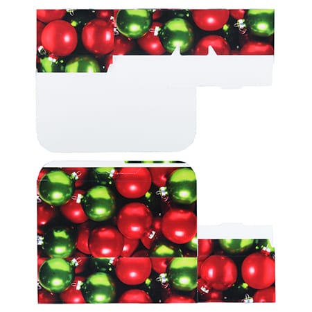Candy Box with red and green Christmas ball design on a white background.