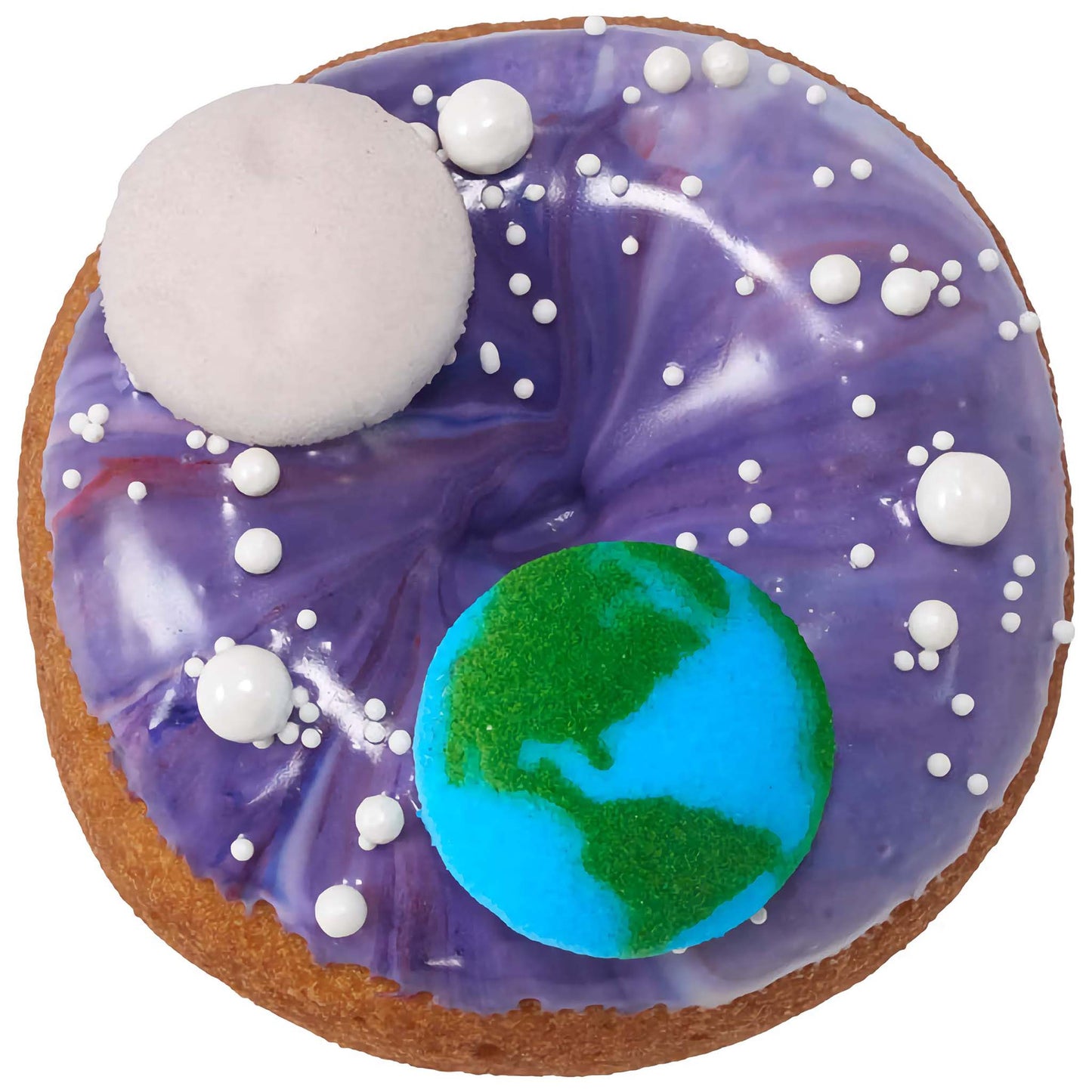 Purple glazed donut decorated with a white pressed sugar moon and a green and blue pressed sugar Earth, accented with white sugar beads for a cosmic appearance.