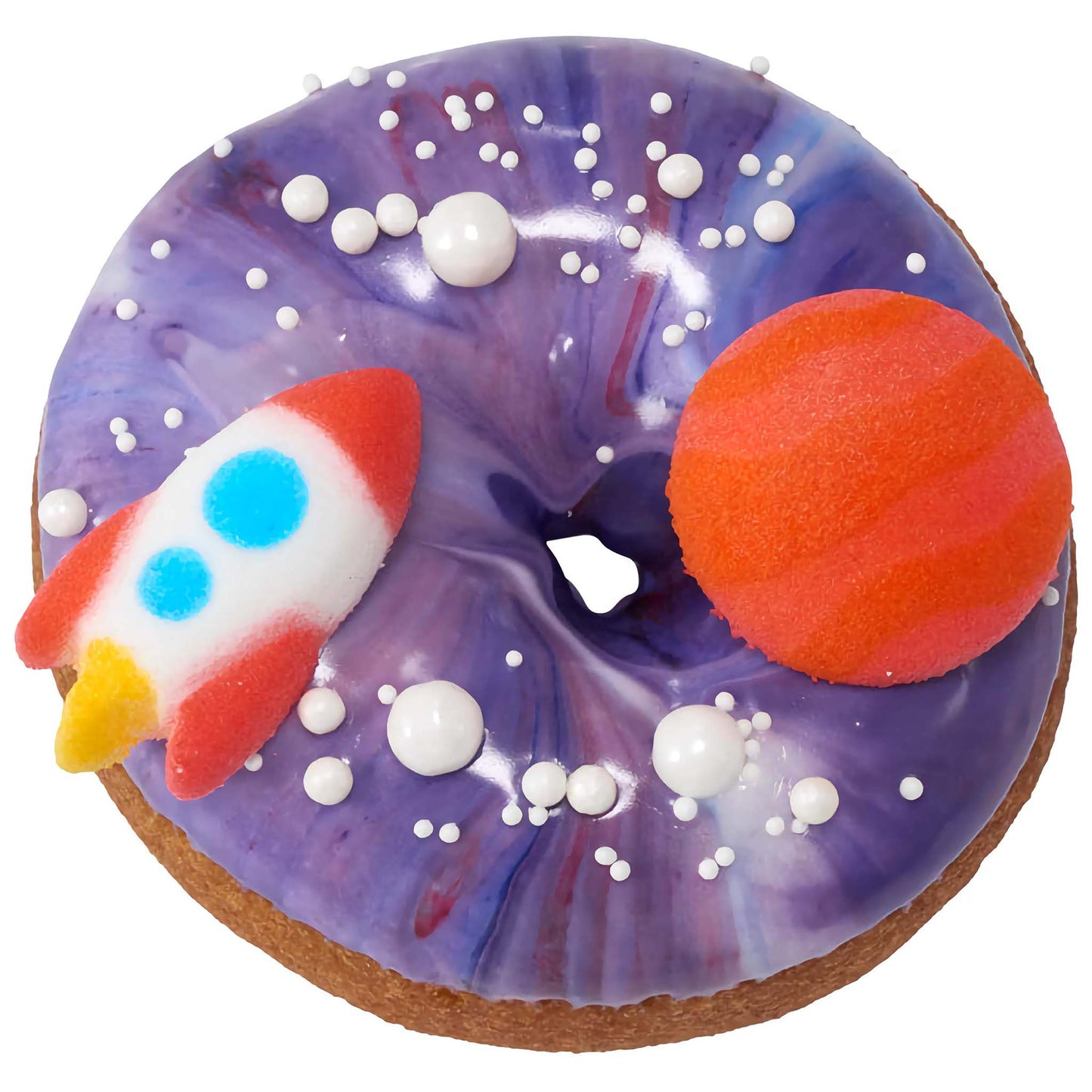 Purple frosted donut adorned with a red and white pressed sugar rocket and a red pressed sugar Mars, detailed with white sugar beads to mimic stars in outer space.