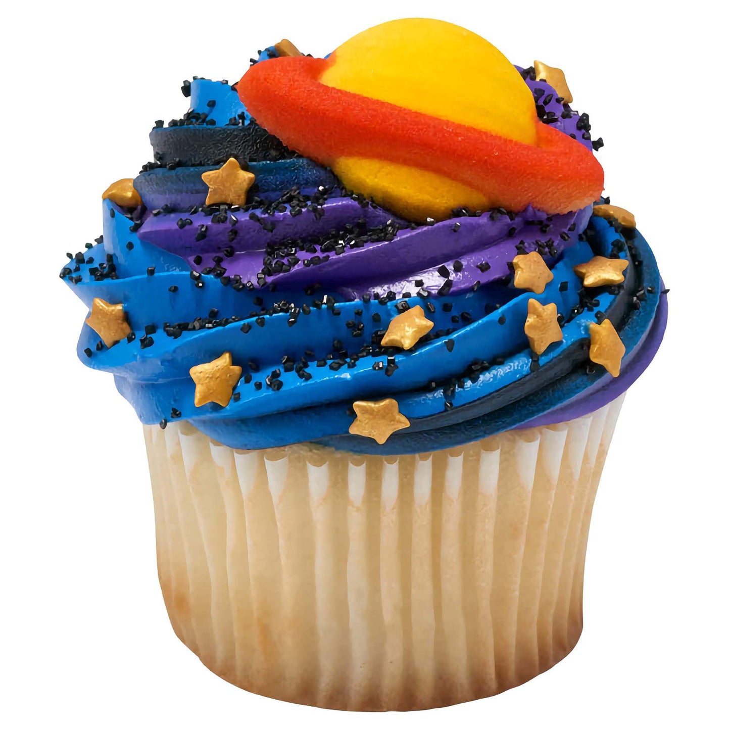 Blue frosted cupcake topped with a yellow and orange pressed sugar decoration of Saturn, sprinkled with gold stars and black sugar beads for a galaxy effect.