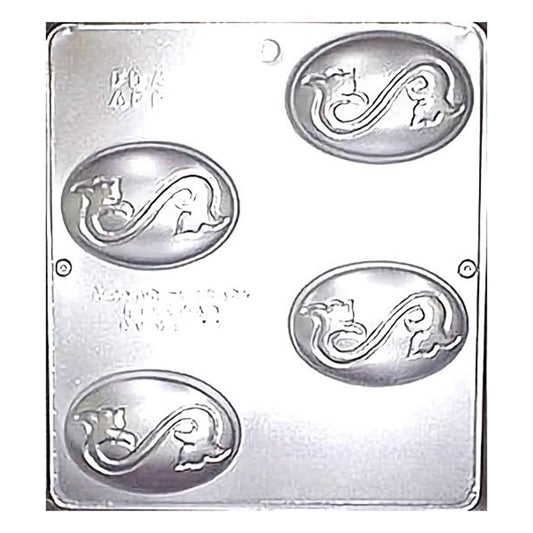 Elegant oval-shaped bar chocolate mold with four cavities, each featuring ornate scrollwork on the perimeter. The detailed design adds a touch of sophistication, ideal for crafting chocolate bars for special occasions or as part of a gourmet chocolate collection.