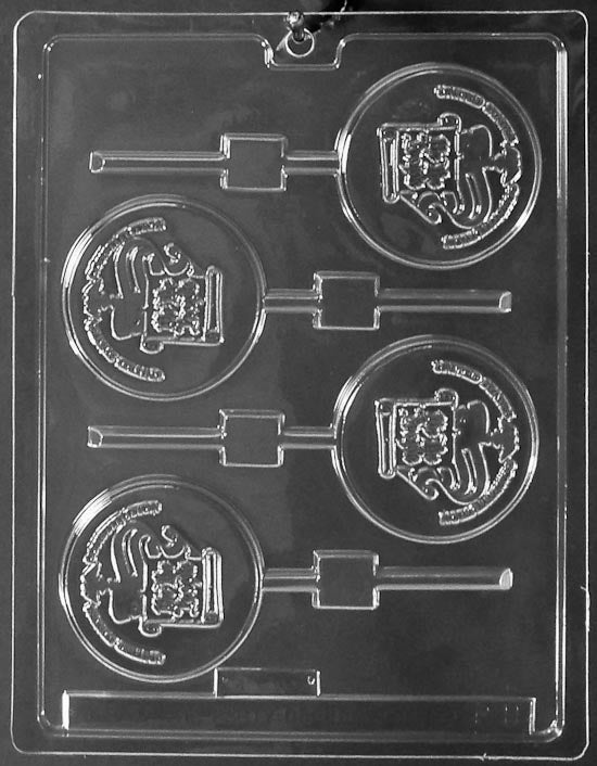P011 CONSTITUTION Lollipop chocolate mold with round lollipop cavities embossed with Constitution lettering.
