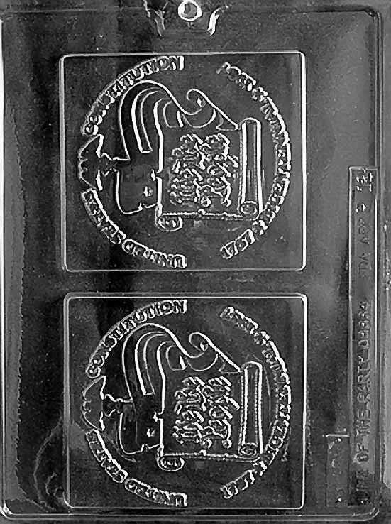 P012 4 ROUND U.S. CONSTITUTION chocolate mold with four circular plaque cavities embossed with Constitution text.