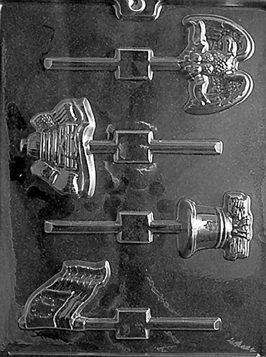 P013 USA Lollipop chocolate mold with small lollipop cavities embossed with USA lettering.