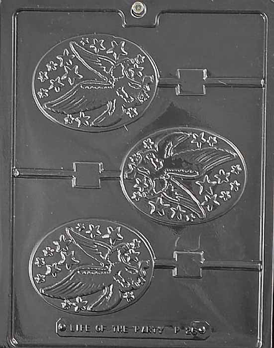 P026 EAGLE Lollipop chocolate mold with lollipop cavities shaped like eagles with wings and beak detail.