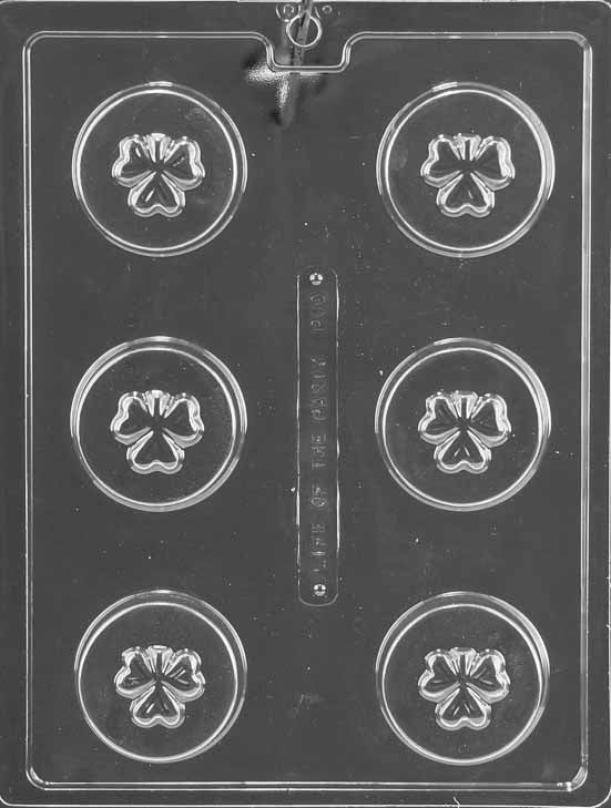 P030 Shamrock Cookie chocolate mold with cookie-sized shamrock cavities for chocolate coating.