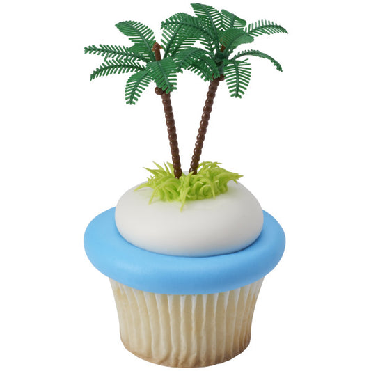 Tropical beach-themed cake decorated with palm tree toppers, sunglasses, sandals, and ocean wave piping
