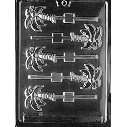 Tropical Palm Tree Chocolate Lollipop Mold, capturing the essence of a serene beach with a detailed palm tree design, including trunk textures and leaf details. Ideal for making summery chocolate treats for beach parties, tropical-themed events, or as festive decorations for holiday desserts.