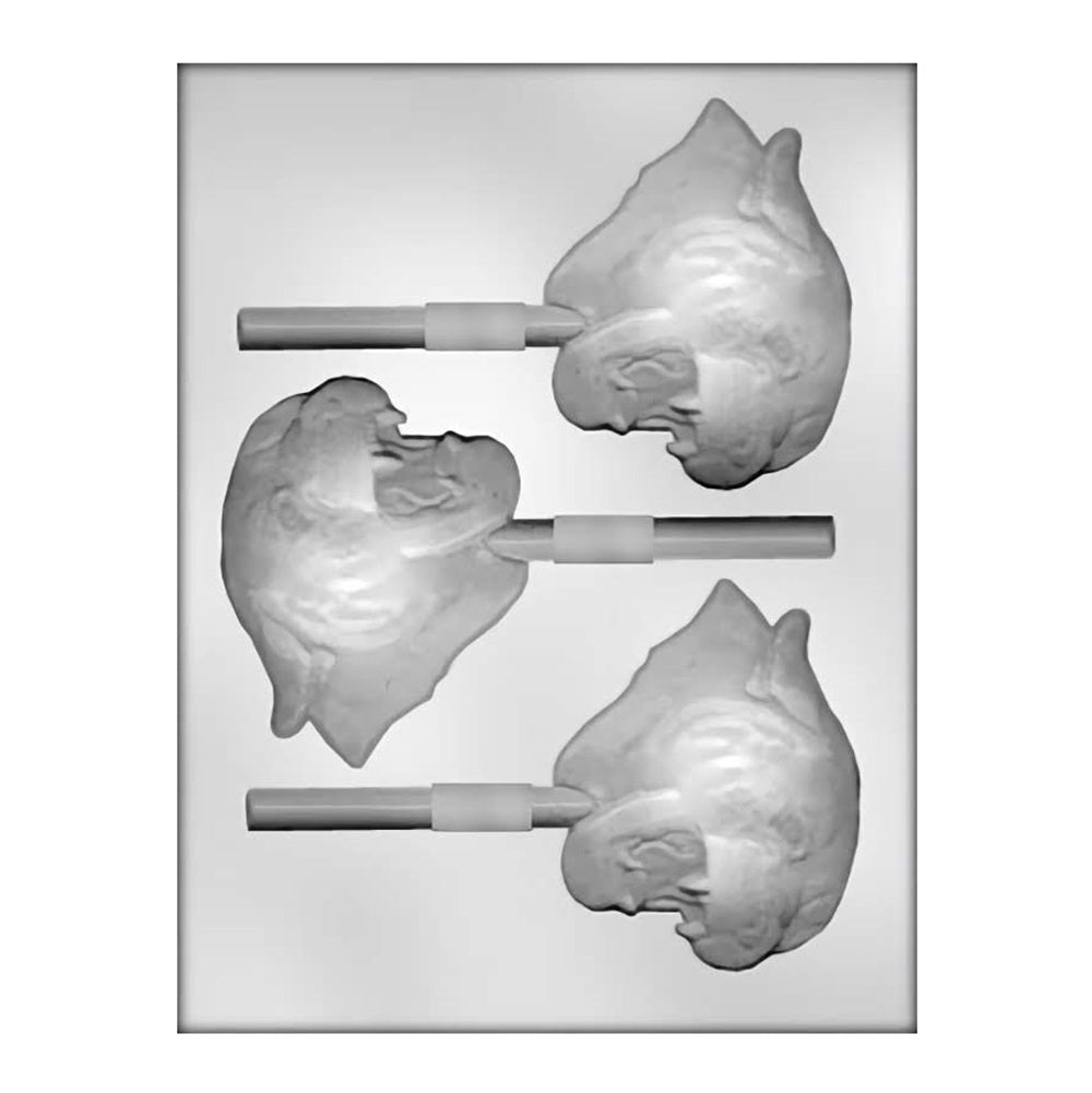 A chocolate lollipop mold with the design of a panther or cougar's face, featuring detailed fur texture, fierce eyes, and prominent whiskers for creating lifelike chocolate treats.