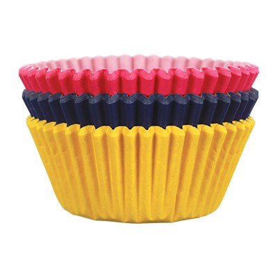 Stack of multicolored cupcake cups in red, pink, navy, and yellow – PME Party Fun Baking Cups.