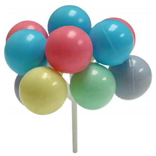 Cupcake decoration featuring a cluster of 12 pastel-colored plastic balloons on a 7-inch pick, ideal for birthdays, baby showers, and spring parties.