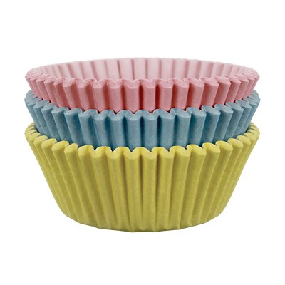 Stack of pastel cupcake cases in pink, blue, and yellow – PME pastel baking cases.