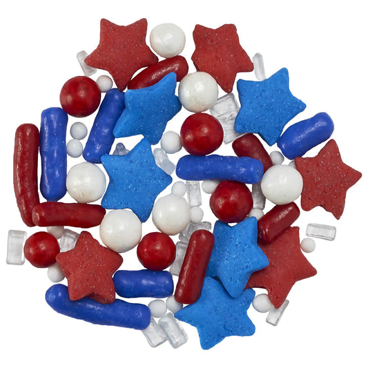 A colorful mix of patriotic sprinkles featuring red, white, and blue stars, rods, and beads, perfect for decorating desserts for national holidays and celebrations.