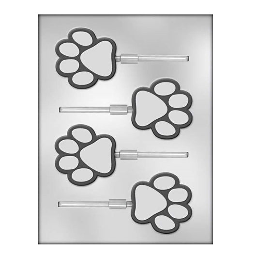 Chocolate mold with paw print designs for creating animal-themed lollipop candies, ideal for pet parties or animal rescue fundraisers.