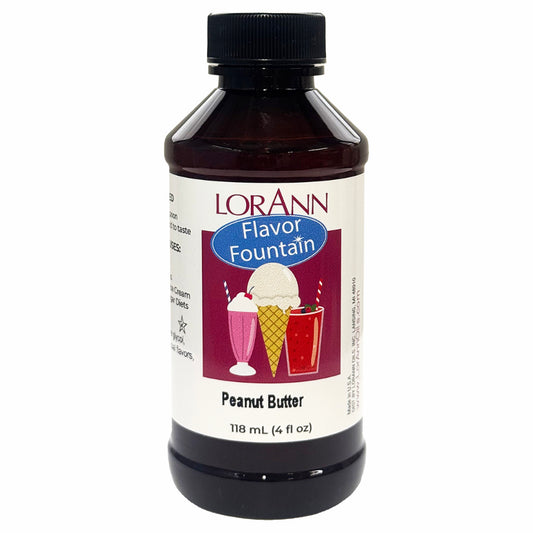 LorAnn Peanut Butter Flavor Fountain bottle with illustrated label of ice cream and shakes, used to add creamy peanut butter flavor to frozen desserts and drinks