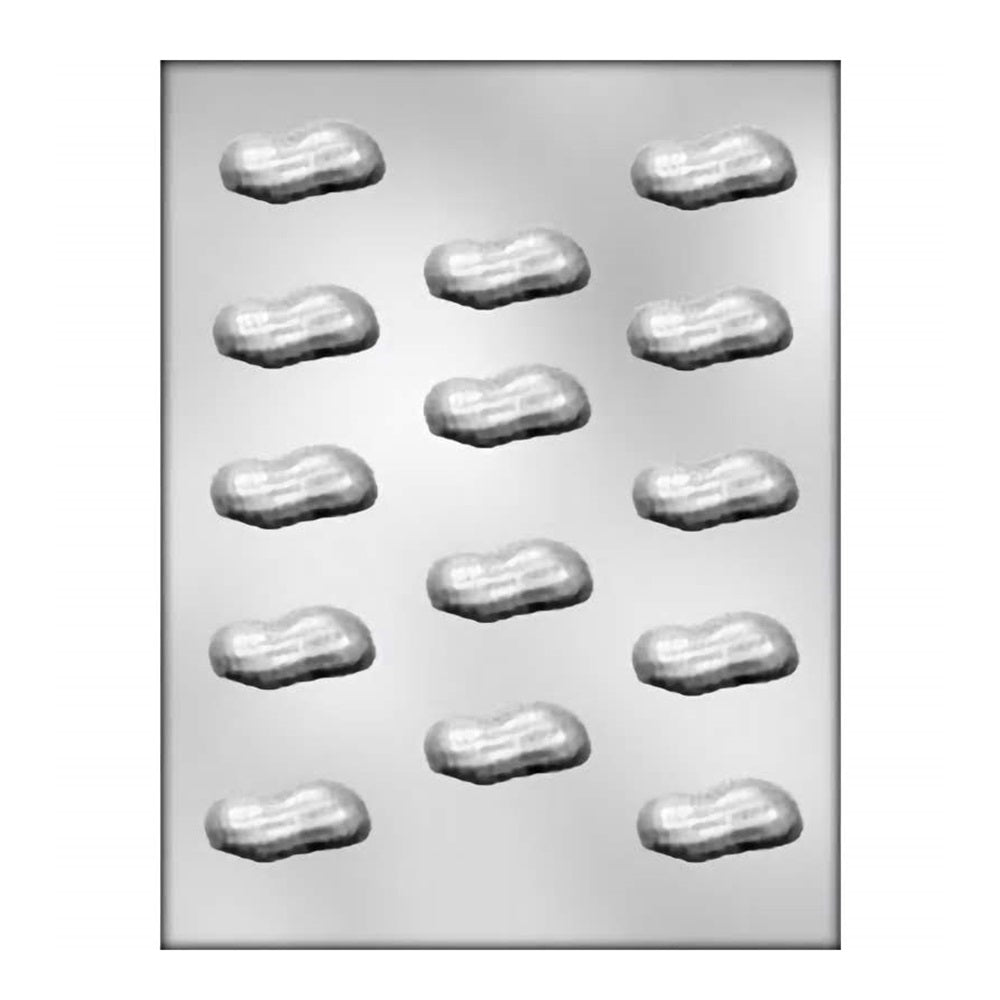 The image displays a chocolate mold with multiple cavities shaped like peanuts. The mold features twelve evenly spaced cavities arranged in a four-by-three grid. Each cavity has a detailed texture that mimics the surface of a peanut shell, promising to create realistic peanut-shaped chocolates.