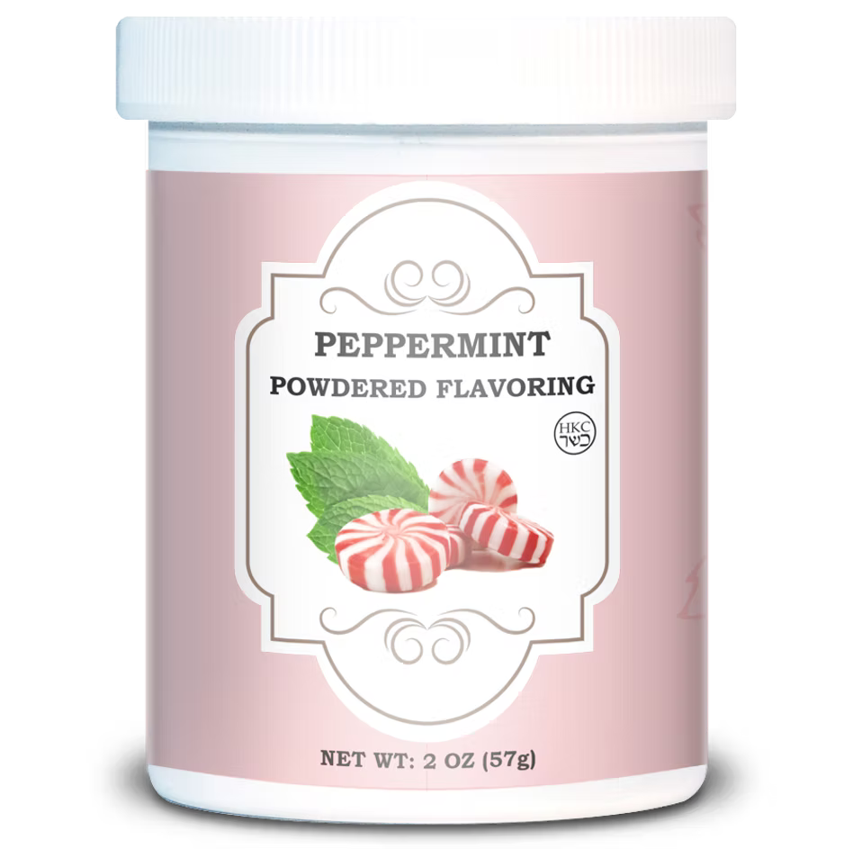 White 2 oz jar of Peppermint Powdered Flavoring with a pink label, peppermint candies, mint leaves, and a white screw-top lid