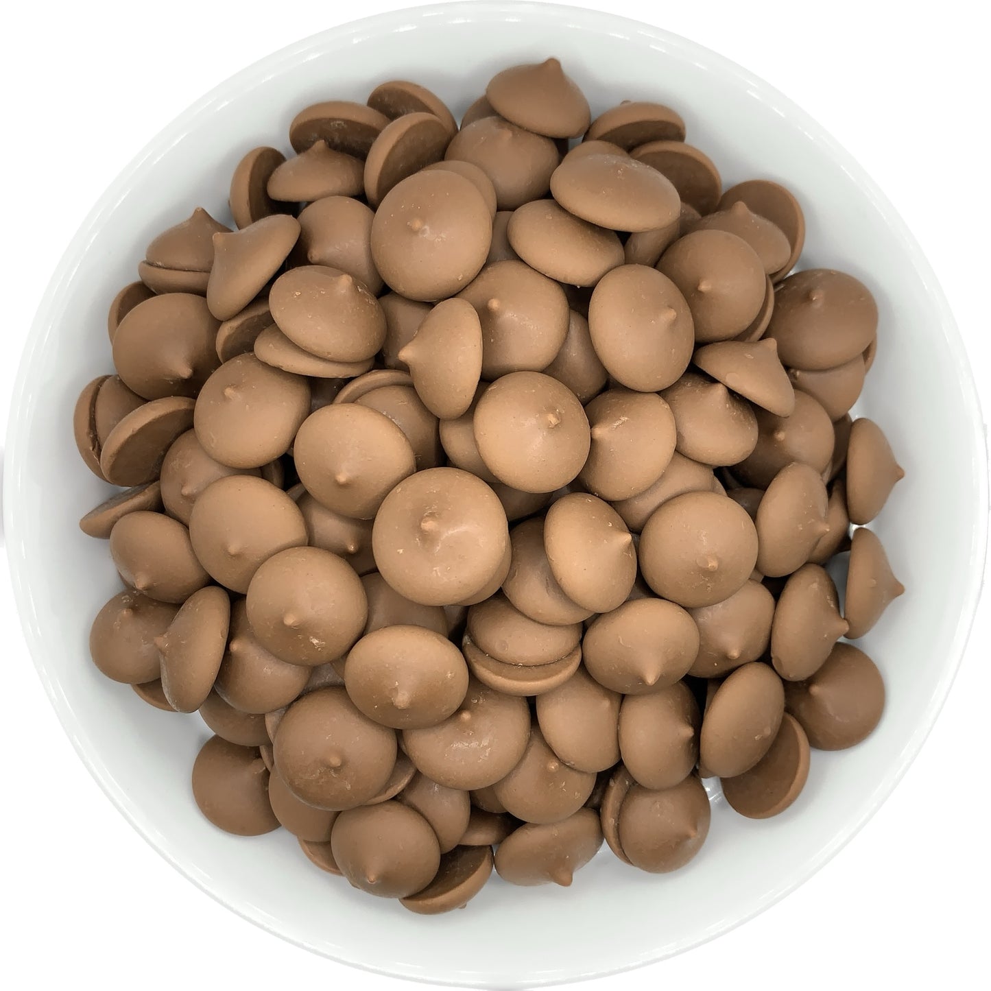 Peter's Westchester Milk Chocolate Confectionery Melting Wafers presented in a white bowl, exemplifying the classic, creamy milk chocolate appeal for candy making and dessert garnishing.