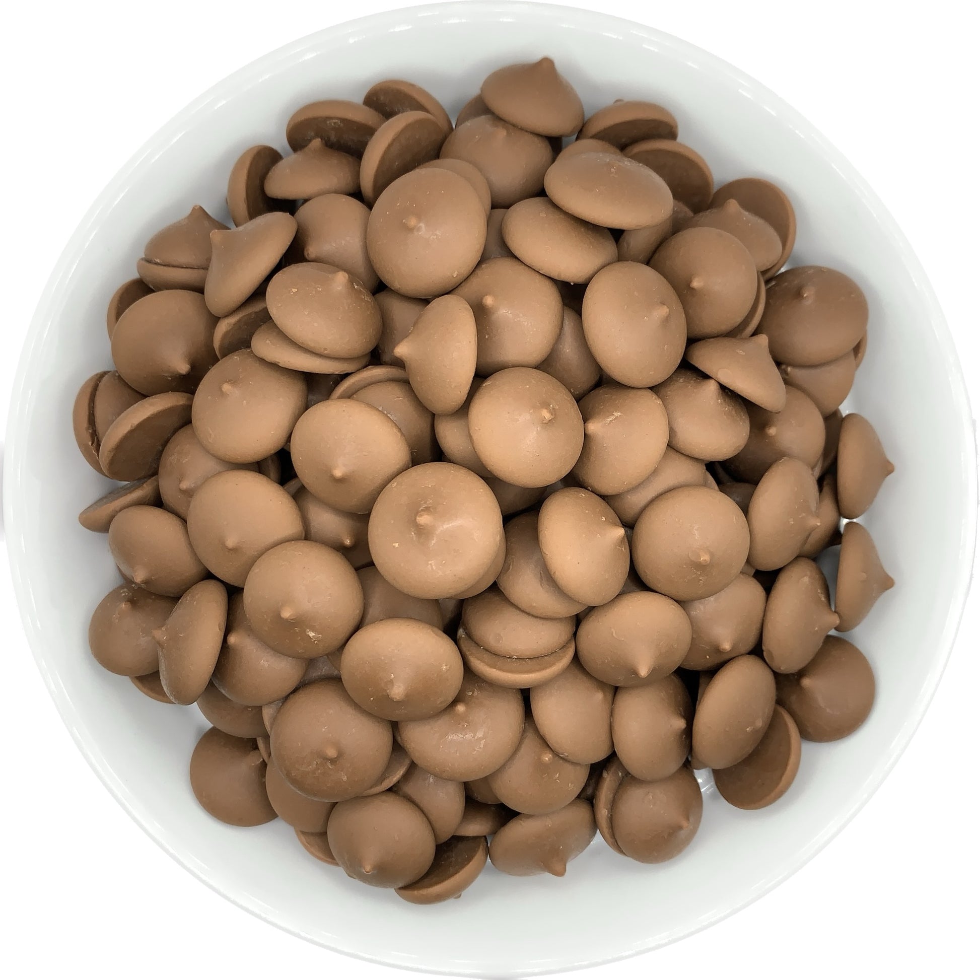 Peter's Westchester Milk Chocolate Confectionery Melting Wafers presented in a white bowl, exemplifying the classic, creamy milk chocolate appeal for candy making and dessert garnishing.