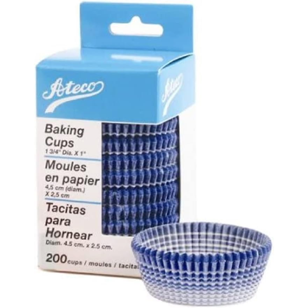 Ateco blue-striped baking cups in a 200-pack, featuring mini wax paper liners with a rippled design, packaged in a blue and white box.