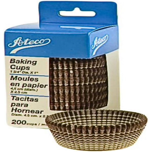 Ateco burgundy-striped baking cups in a 200-pack, featuring mini wax paper liners with a rippled design, packaged in a blue and white box.