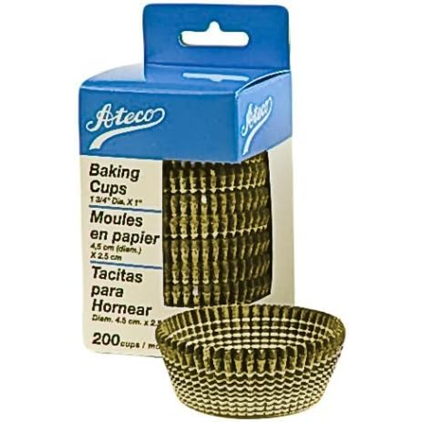 Ateco gold-striped baking cups in a 200-pack, featuring mini wax paper liners with a rippled design, packaged in a blue and white box.