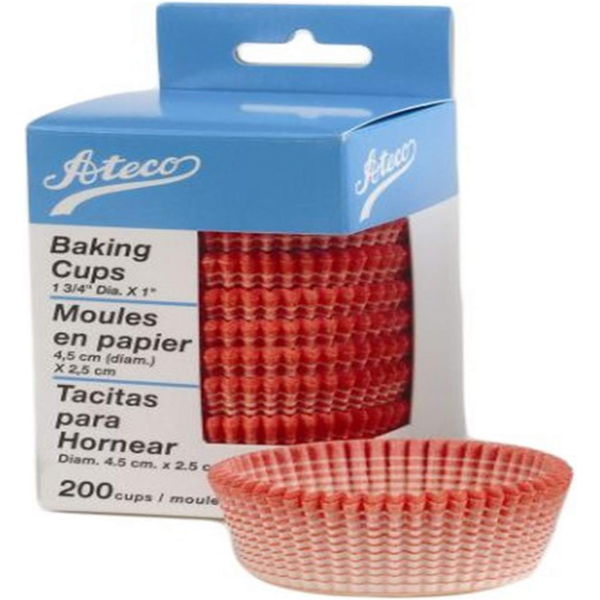 Ateco orange-striped baking cups in a 200-pack, featuring mini wax paper liners with a rippled design, packaged in a blue and white box.
