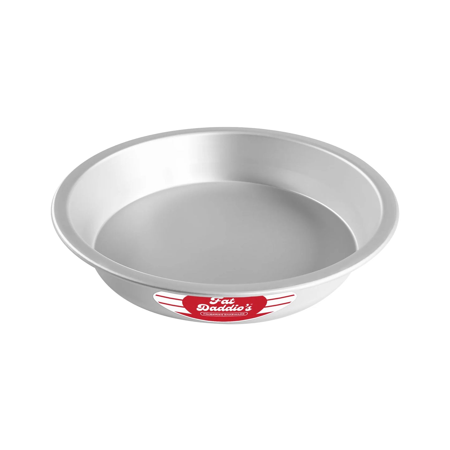 Fat Daddio’s ProSeries anodized aluminum pie pan with a deep-dish shape, angled sides, and a flat rim, shown on a white background.