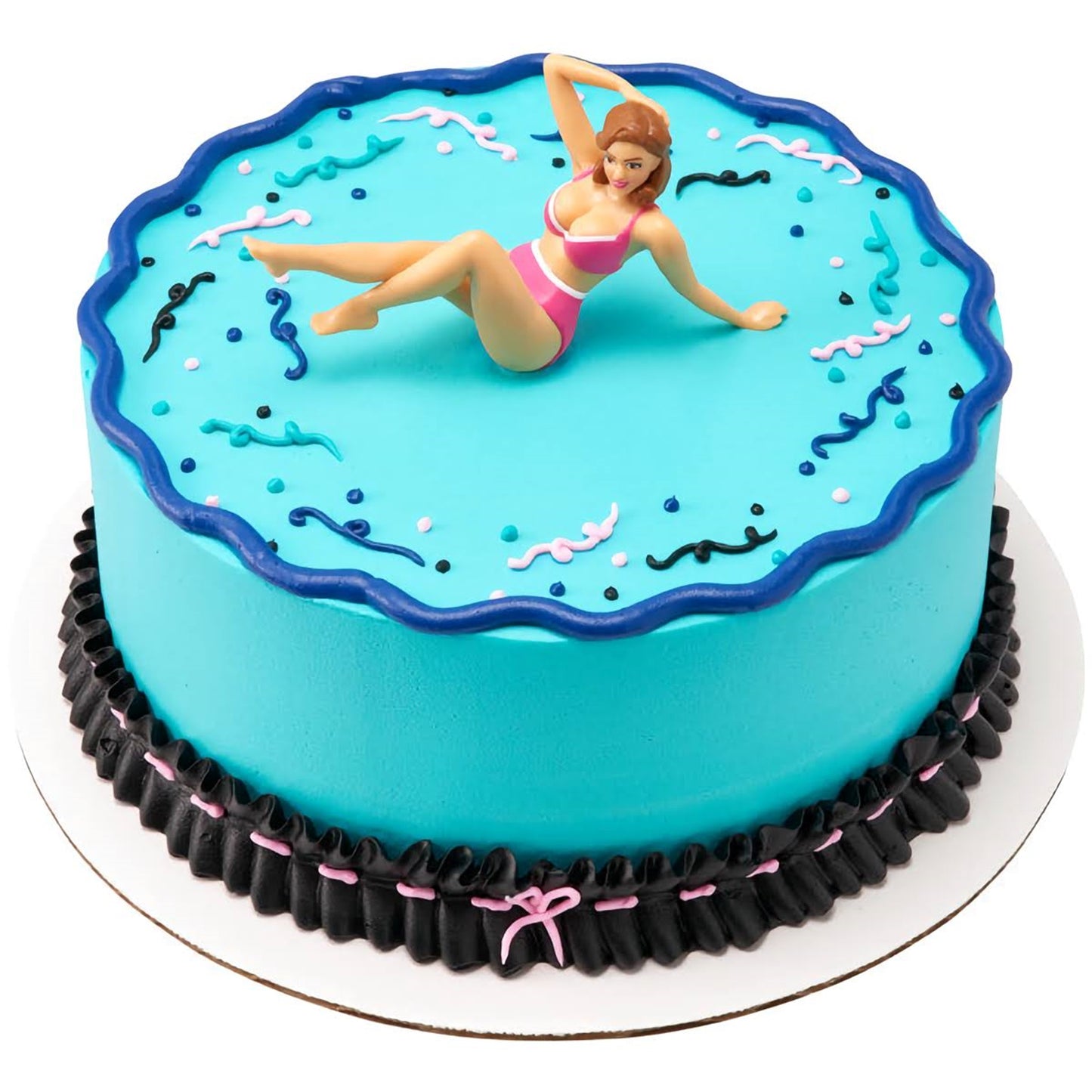 A vibrant blue cake topped with a bikini-clad woman topper, featuring playful black and pink squiggle decorations and a wavy border. This lively and eye-catching cake from Lynn's Cake, Candy, and Chocolate Supplies is sure to be the talk of any adult party or summer bash.