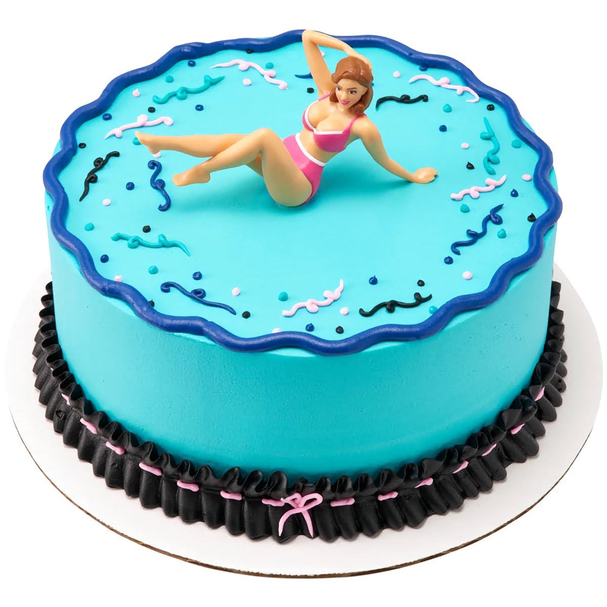 A vibrant blue cake topped with a bikini-clad woman topper, featuring playful black and pink squiggle decorations and a wavy border. This lively and eye-catching cake from Lynn's Cake, Candy, and Chocolate Supplies is sure to be the talk of any adult party or summer bash.