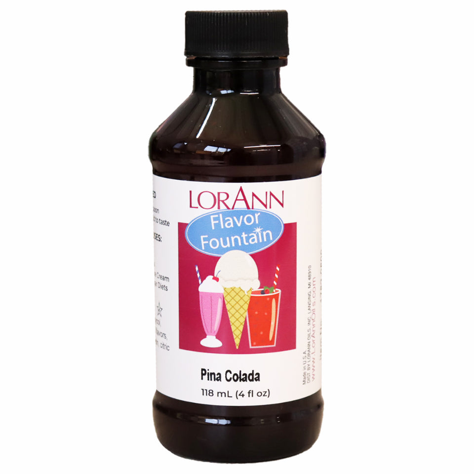 LorAnn Pina Colada Flavor Fountain bottle with illustrated label of ice cream and milkshakes, used to flavor frozen desserts with coconut and pineapple taste