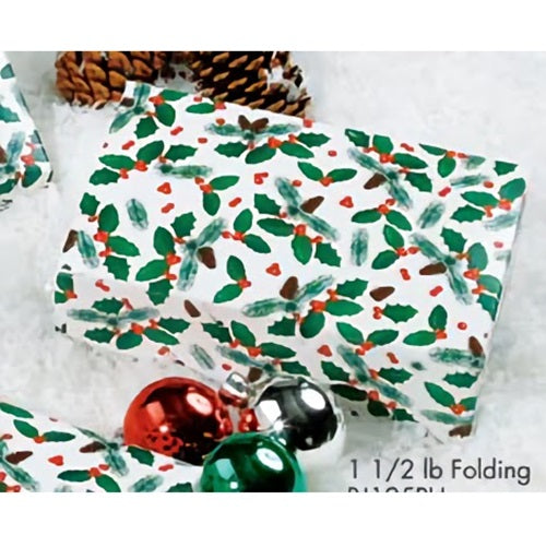 The image displays a 1 1/2 pound candy box with a holiday-themed pine cone design. It features green pine branches and brown cones with red berries on a white background, perfect for presenting seasonal confections.