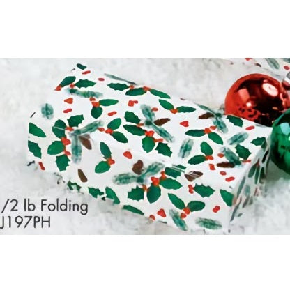 Holiday-themed 1/2 lb candy box with pine cone and holly pattern, displayed on snow-like background with red and green ornaments
