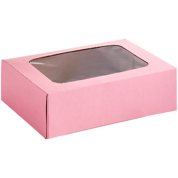 Pink auto-popup bakery box with a clear window, designed for packaging cookies, pastries, and baked goods.