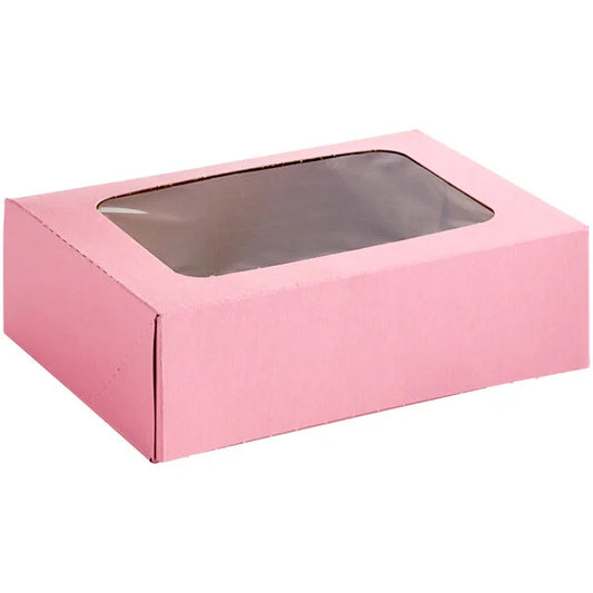 Pink auto-popup bakery box with a clear window, designed for packaging cookies, pastries, and baked goods.