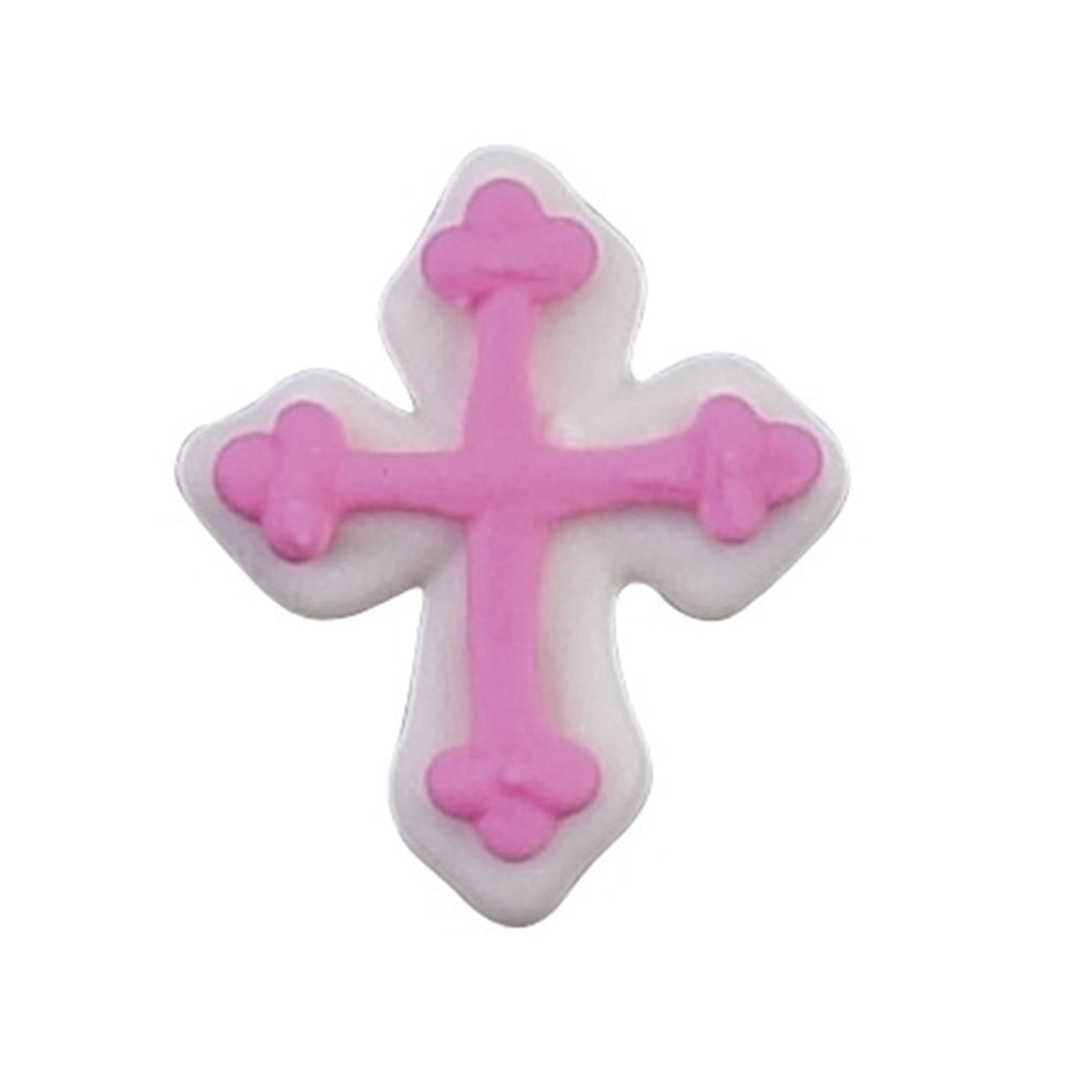 Pink royal icing cross cake decoration on white base, 1.25 inch size, for baptism and religious celebration desserts.