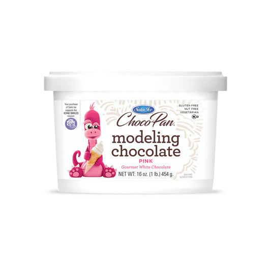 Satin Ice ChocoPan pink modeling chocolate tub, 16 oz, gourmet white chocolate.