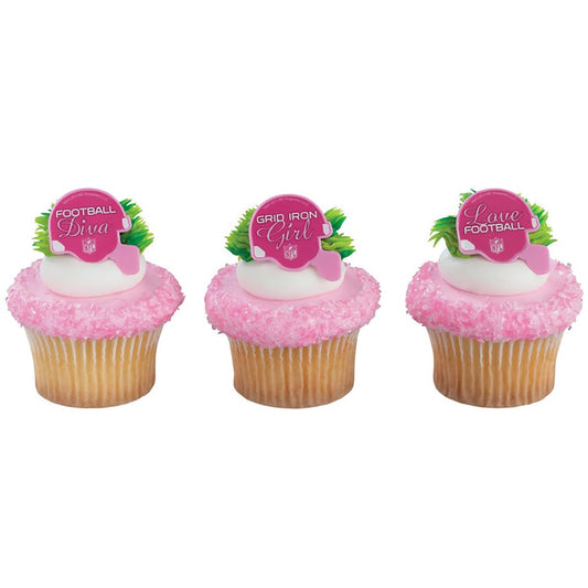 Set of six pink NFL helmet cupcake rings, a fun way to add a sporty flair to cupcakes for game day celebrations, football party favors, or a sports-themed birthday bash.